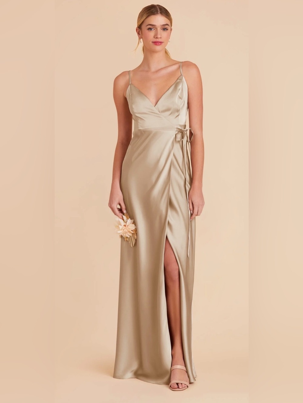 Birdy Grey Cindy Champagne Satin Wrap Maxi Dress Bridesmaid Wedding Formal Small